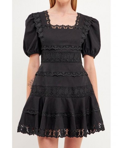 Women's Multi Lace Linen Mini Dress Black $54.40 Dresses