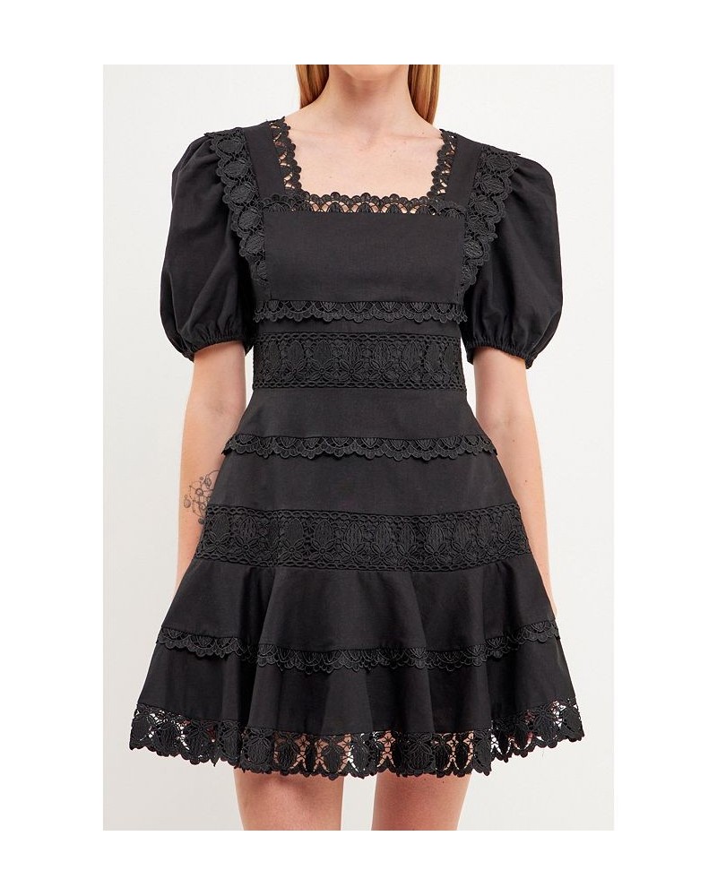 Women's Multi Lace Linen Mini Dress Black $54.40 Dresses