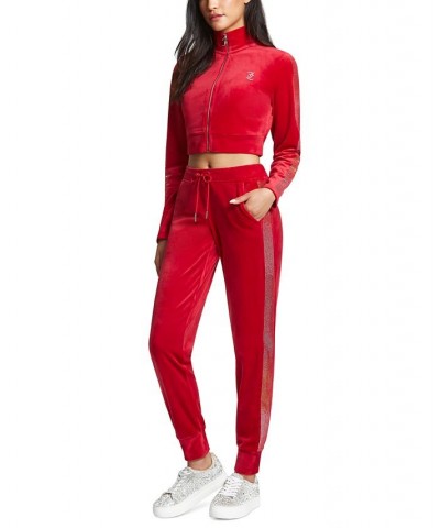 Women's Mid-Rise Embellished-Trim Joggers Red $35.83 Pants
