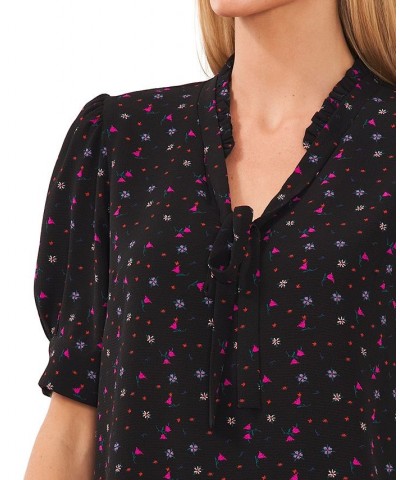 Women's Floral-Print Puff-Sleeve Tie-Neck Top Black $31.57 Tops