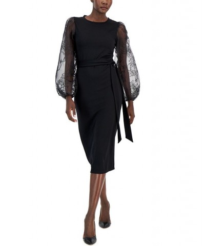 Women's Tie-Waist Balloon-Sleeve Midi Dress Anne Black $43.94 Dresses