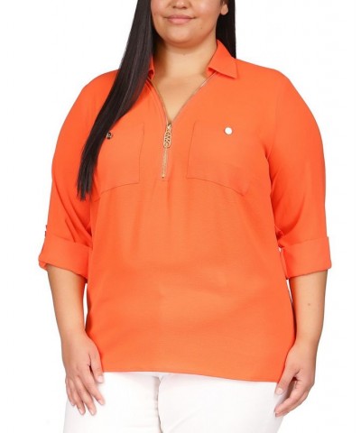 Plus Size Logo-Zip-Front Collared Top Optic Orange $47.04 Tops