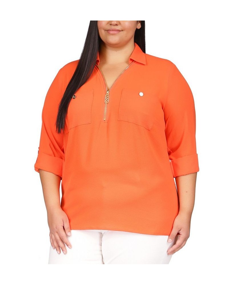 Plus Size Logo-Zip-Front Collared Top Optic Orange $47.04 Tops