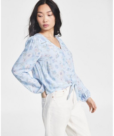 Juniors' Printed Tie-Front Long-Sleeve Woven Top Blue $15.29 Tops