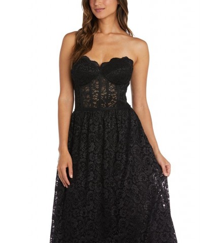 Juniors' Strapless Glitter Lace Gown Black $79.42 Dresses