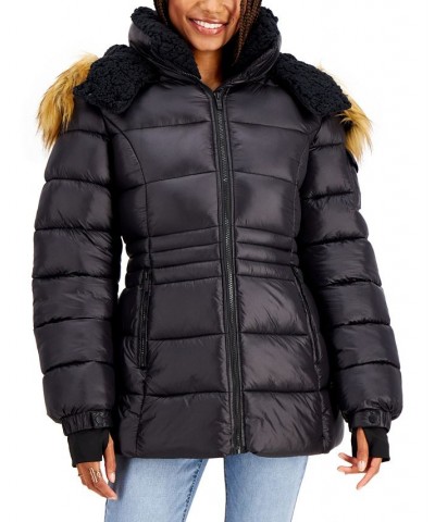 Juniors' Faux-Fur-Trim Hooded Shine Puffer Coat Black $26.58 Coats