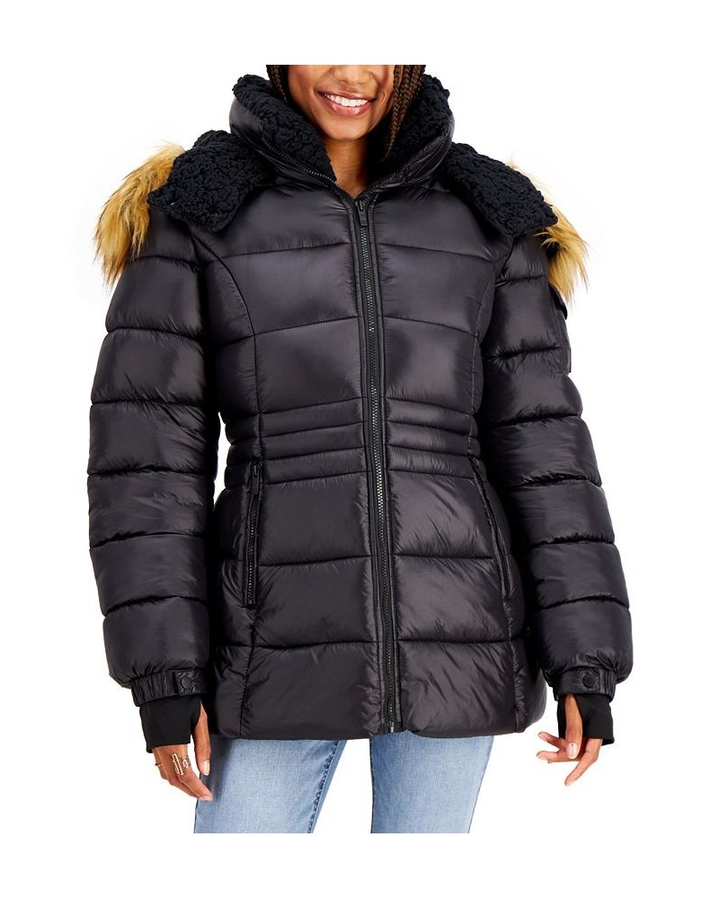 Juniors' Faux-Fur-Trim Hooded Shine Puffer Coat Black $26.58 Coats
