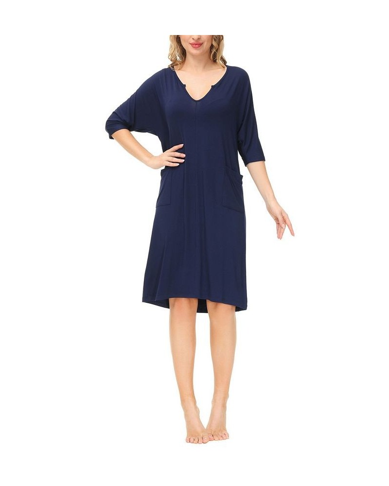 Women's Dolman Sleeve Dress with Side Patch Pockets Blue $20.59 Sleepwear