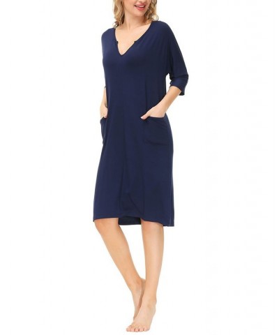 Women's Dolman Sleeve Dress with Side Patch Pockets Blue $20.59 Sleepwear