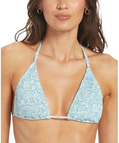 Juniors' Seaside Tropics Smocked Tiki Triangle Bikini Top Tourmaline Pretty Paisley $29.70 Swimsuits