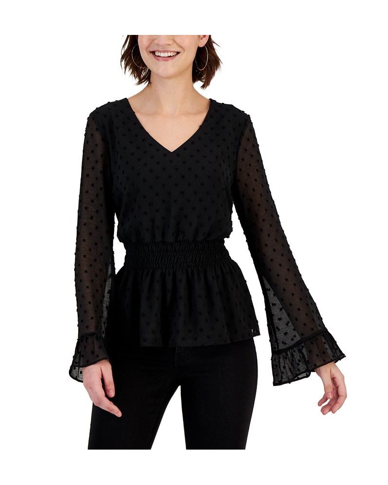 Women's Smocked-Waist Bell-Sleeve Clip-Dot Top Black $19.75 Tops