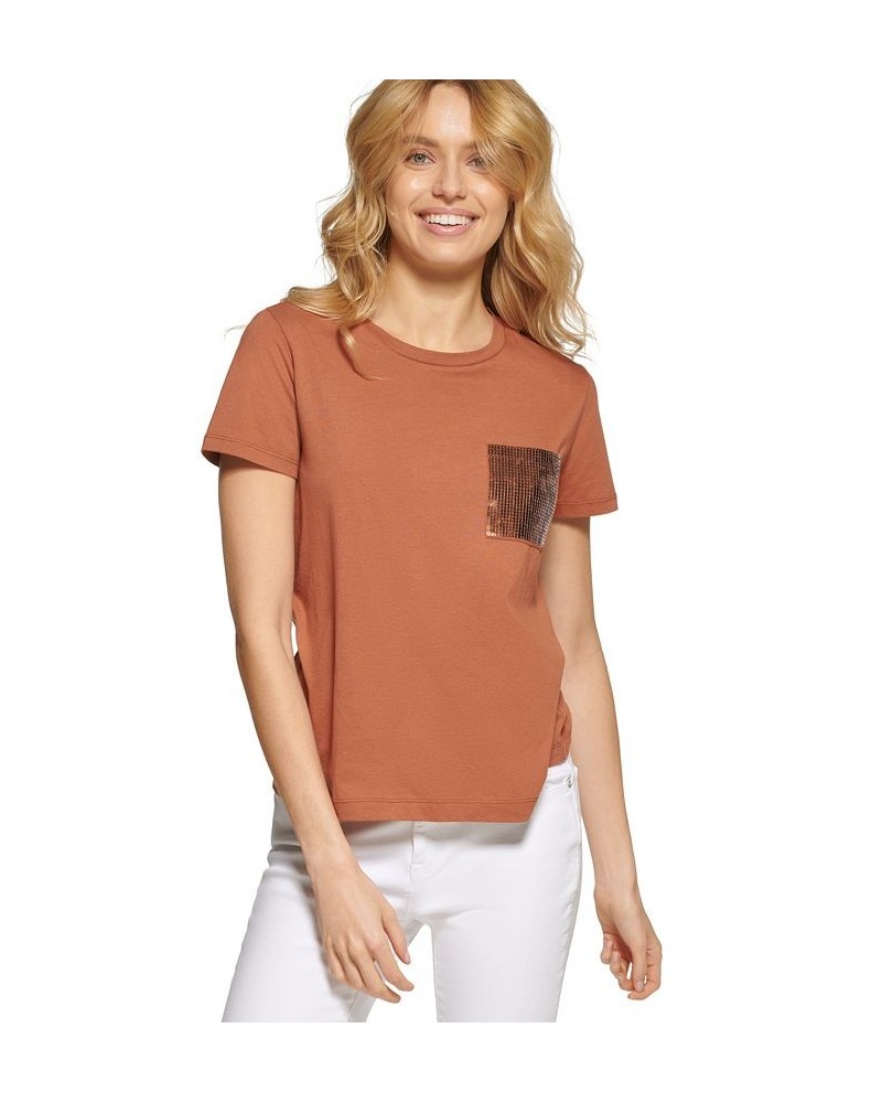 Short Sleeve Sequin Pocket T-Shirt Brown $35.40 Tops