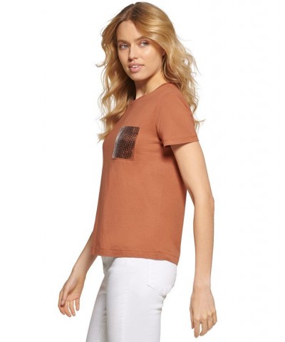 Short Sleeve Sequin Pocket T-Shirt Brown $35.40 Tops