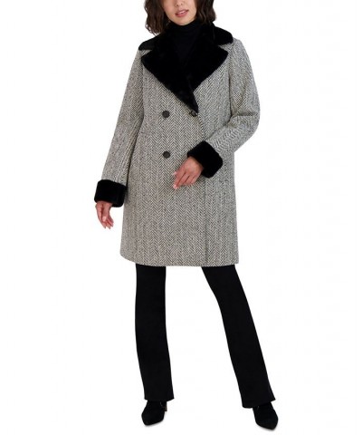 Petite Double-Breasted Faux-Fur-Trim Coat Black/White $102.34 Coats