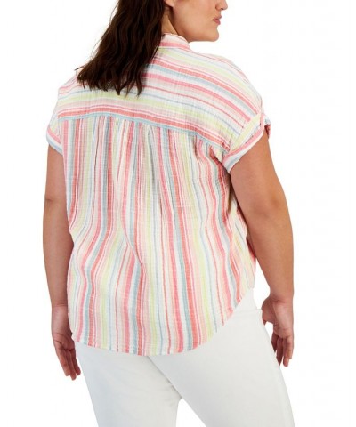 Plus Size Short-Sleeve Camp Shirt Aloe White $14.60 Tops