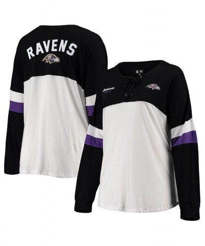 Women's White Black Baltimore Ravens Plus Size Athletic Varsity Lace-Up V-Neck Long Sleeve T-shirt White $32.99 Tops