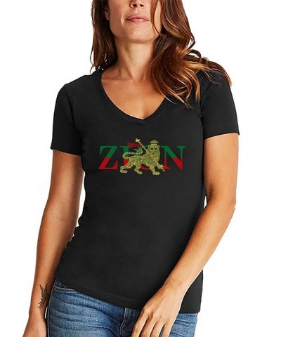 Women's Word Art Zion One Love V-Neck T-Shirt Black $19.59 Tops