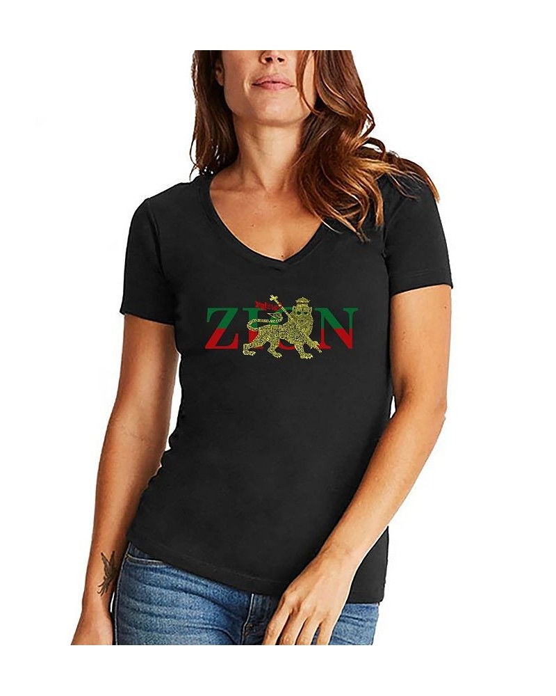 Women's Word Art Zion One Love V-Neck T-Shirt Black $19.59 Tops