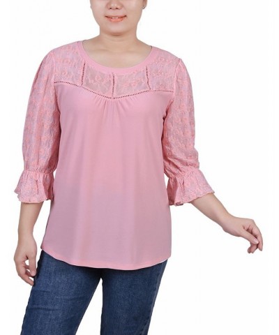 Petite 3/4 Sleeve with Embroidered Mesh Yoke and Sleeves Crepe Top Pink $14.08 Tops