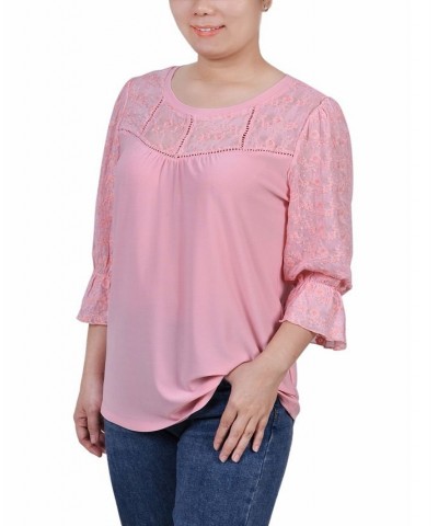 Petite 3/4 Sleeve with Embroidered Mesh Yoke and Sleeves Crepe Top Pink $14.08 Tops
