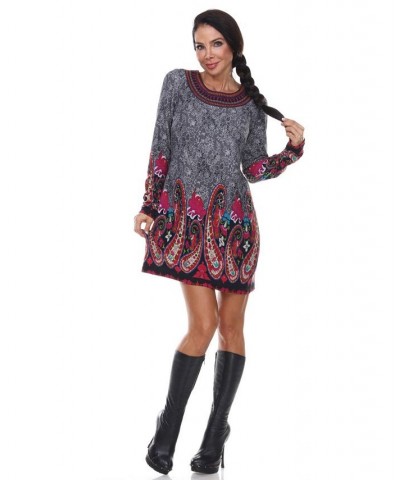 Women's Sandrine Embroidered Sweater Dress Grey Red $19.67 Dresses