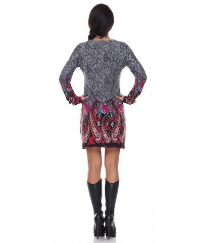 Women's Sandrine Embroidered Sweater Dress Grey Red $19.67 Dresses