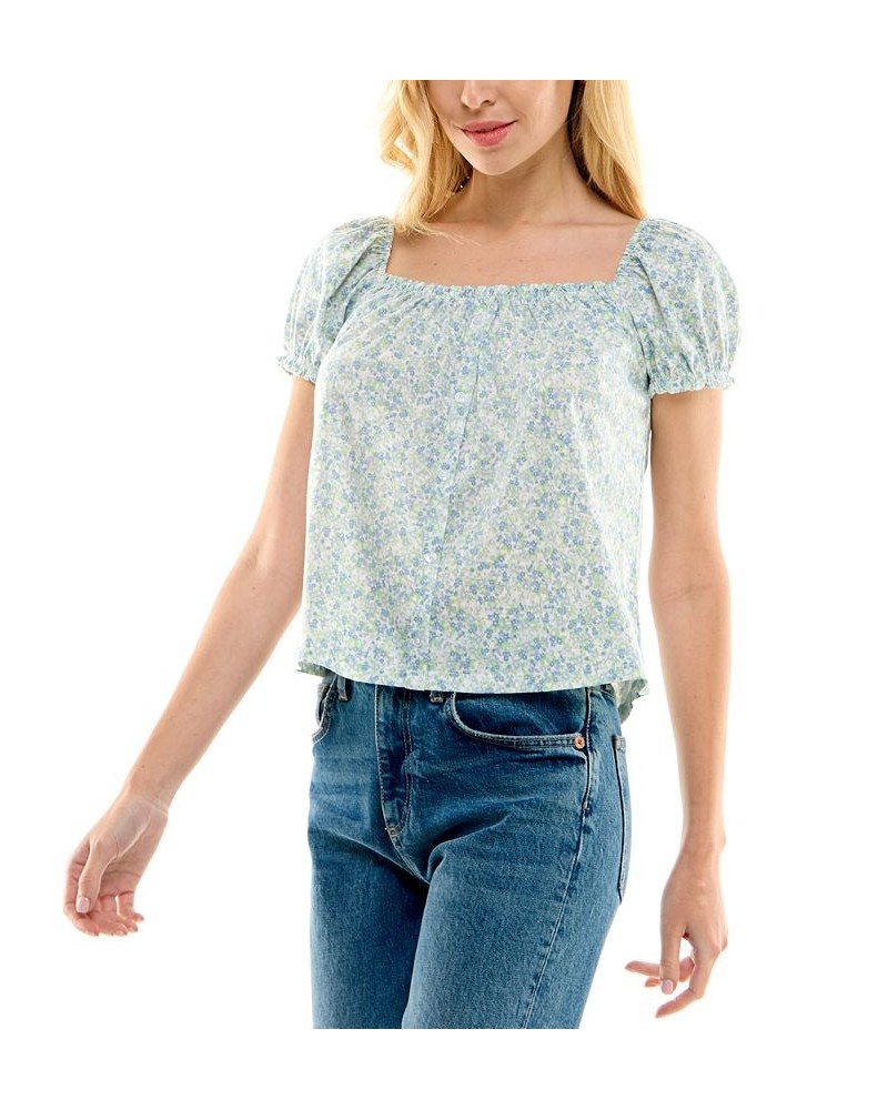 Juniors' Square-Neck Puffed-Sleeve Blouse Blue Floral $13.76 Tops