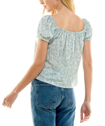 Juniors' Square-Neck Puffed-Sleeve Blouse Blue Floral $13.76 Tops