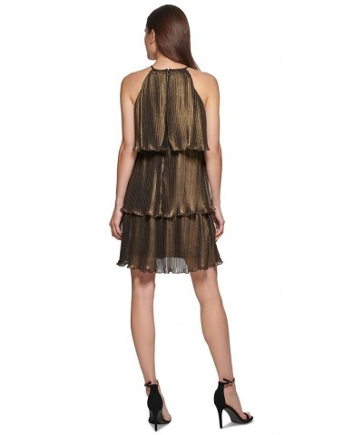 Pleated Tiered-Ruffle Sleeveless Dress Black/Gold $27.46 Dresses