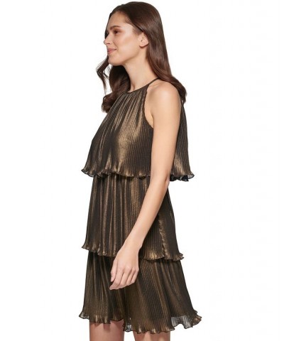 Pleated Tiered-Ruffle Sleeveless Dress Black/Gold $27.46 Dresses