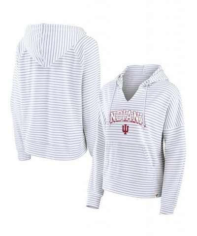 Women's Branded White Indiana Hoosiers Striped Notch Neck Pullover Hoodie White $33.14 Sweatshirts