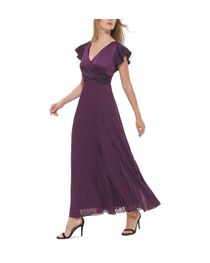 Women's Pleated Flutter-Sleeve Gown Magestic Plum $135.96 Dresses
