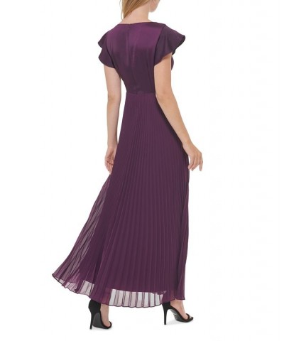 Women's Pleated Flutter-Sleeve Gown Magestic Plum $135.96 Dresses