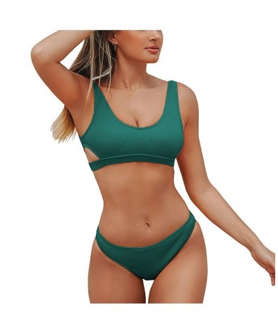 Women's Ribbed Cutout Bikini Swimsuit Set Green $26.39 Swimsuits