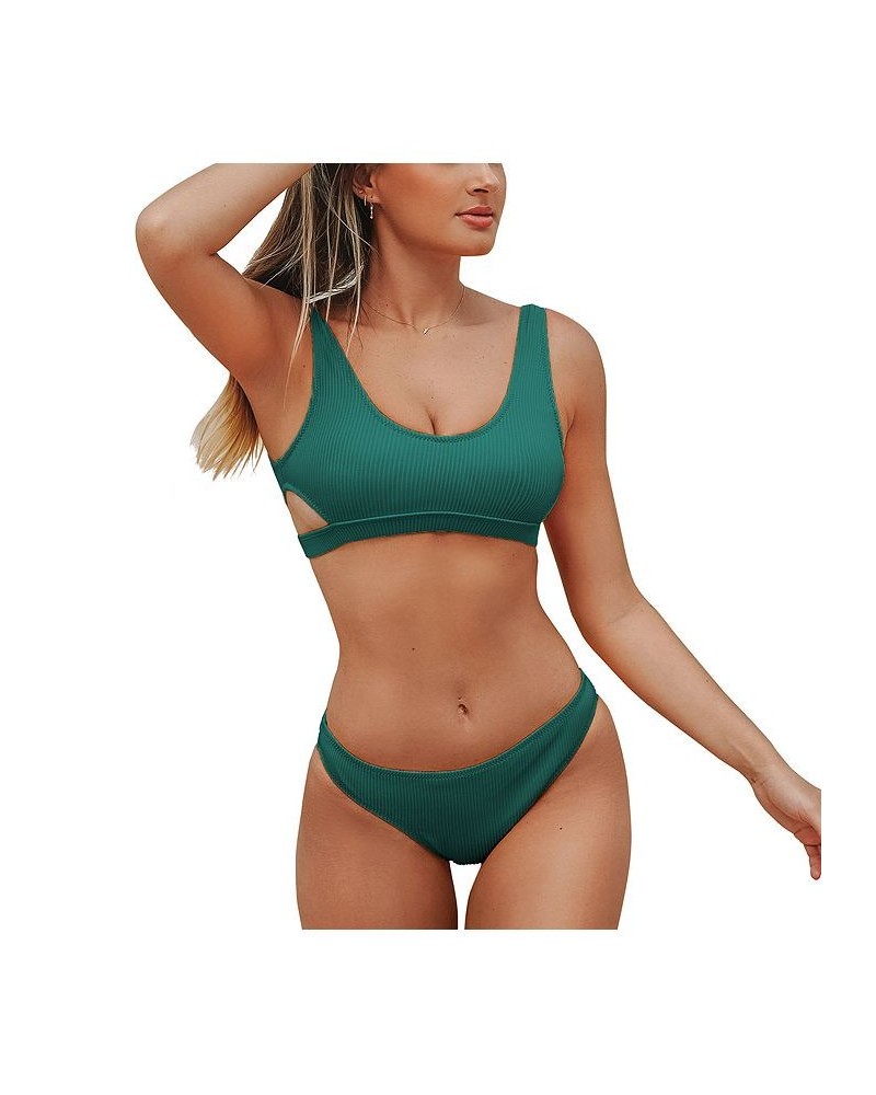Women's Ribbed Cutout Bikini Swimsuit Set Green $26.39 Swimsuits