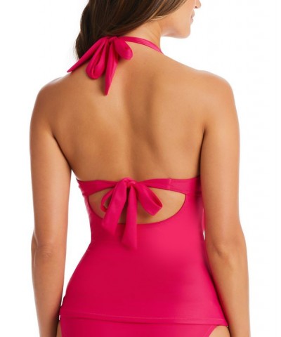 Plunging Cowlneck Halter Tankini Top Pink $34.00 Swimsuits