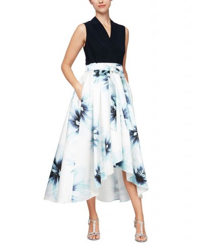 Women's Colorblock Floral-Print High-Low A-Line Dress Navy Ivory $65.56 Dresses