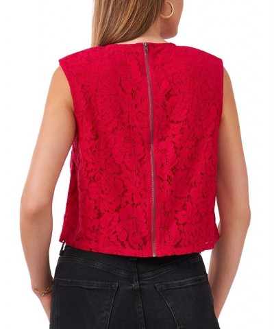 Women's Sleeveless Lace Shoulder Pad Blouse Red $21.86 Tops