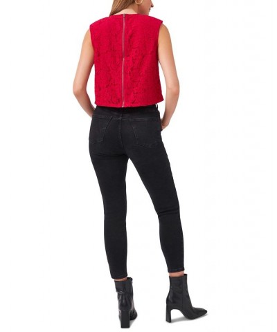Women's Sleeveless Lace Shoulder Pad Blouse Red $21.86 Tops