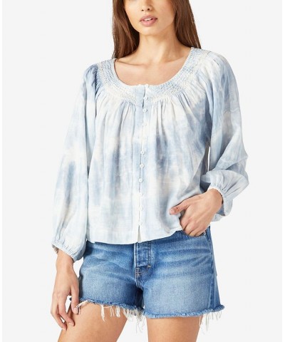 Embroidered Tie-Dyed Peasant Top Blue Multi $53.73 Tops