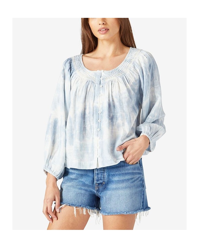 Embroidered Tie-Dyed Peasant Top Blue Multi $53.73 Tops