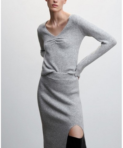 Women's V-Neck Ruffled Collar Pullover Light Heather Gray $24.60 Sweaters