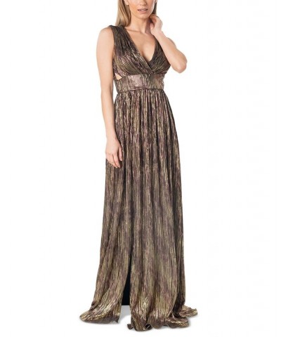 Women's Sleeveless V-Neck Metallic Gown Gold Multi $77.91 Dresses