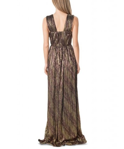 Women's Sleeveless V-Neck Metallic Gown Gold Multi $77.91 Dresses
