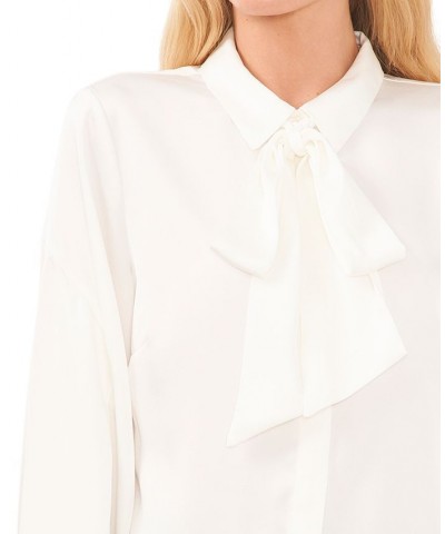 Women's Long Sleeve Button-Up Bow Blouse White $24.67 Tops