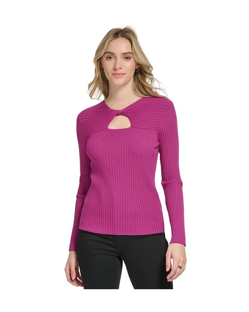 Women's Long Sleeve Ribbed Keyhole Sweater Pink $30.58 Sweaters
