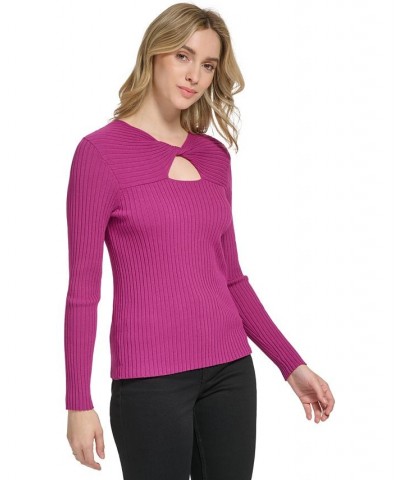 Women's Long Sleeve Ribbed Keyhole Sweater Pink $30.58 Sweaters