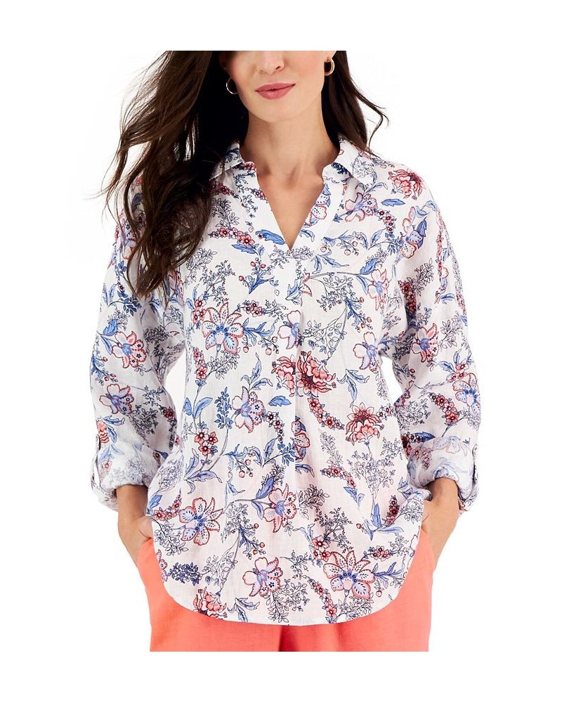 Petite Floral Linen Roll-Tab-Sleeve Pullover Shirt Bright White Combo $21.39 Tops