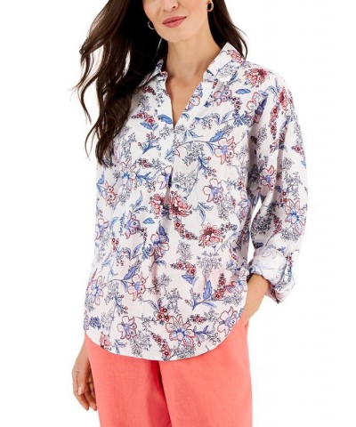 Petite Floral Linen Roll-Tab-Sleeve Pullover Shirt Bright White Combo $21.39 Tops
