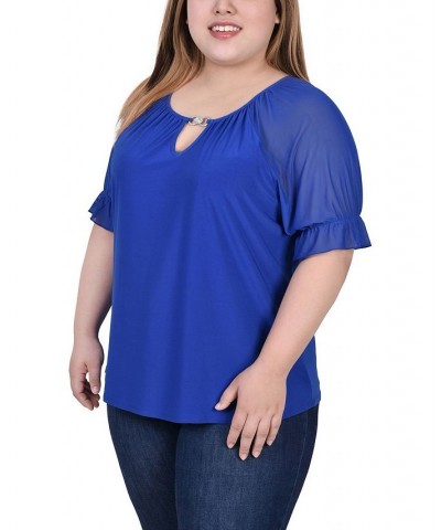 Plus Size Short Ruffle Sleeve Top with Rhinestones Blue $11.32 Tops